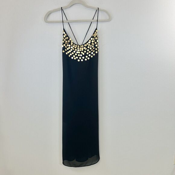 Ixiah Dress Womens 6 Black With Gold Sequin Top Tassle Tie‎ Back Cocktail Party - Picture 1 of 14